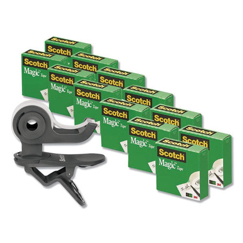 Clip Dispenser Value Pack, 1" Core, Charcoal, Plus 12 Tape Rolls 3-4" X 1000"